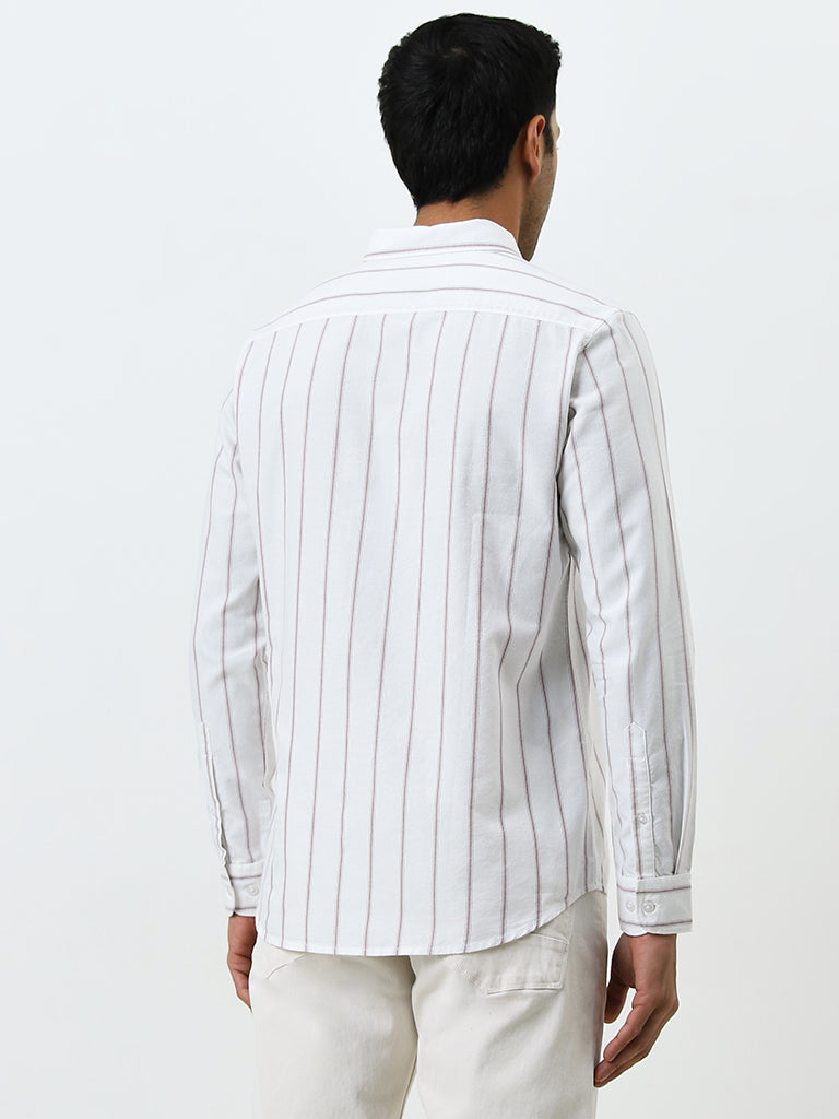 WES Casuals White Striped Slim-Fit Cotton Shirt