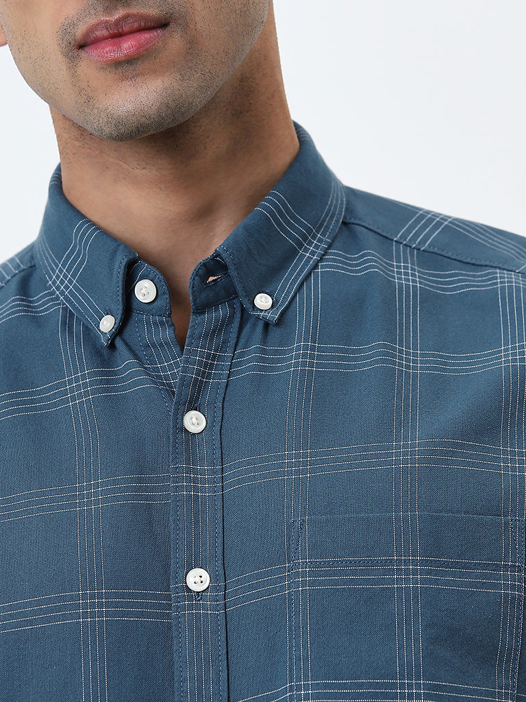 WES Casuals Dark Teal Checks Printed Slim Fit Cotton Shirt