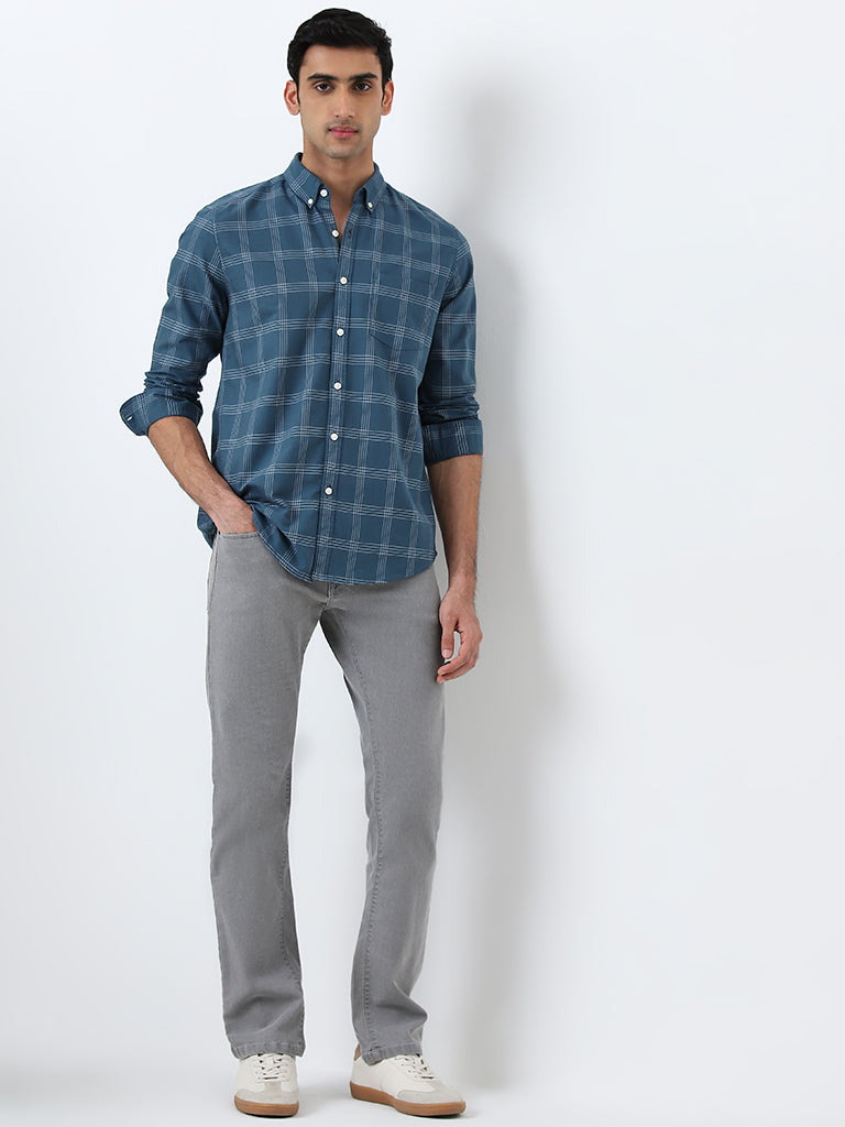 WES Casuals Dark Teal Checks Printed Slim Fit Cotton Shirt