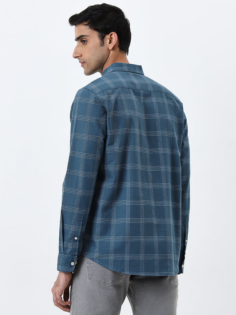 WES Casuals Dark Teal Checks Printed Slim Fit Cotton Shirt