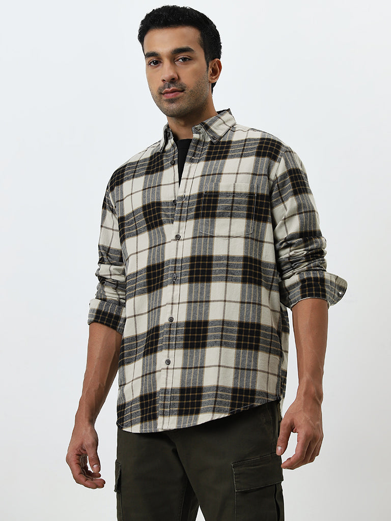 WES Casuals Beige Checkered Relaxed-Fit Cotton Shirt