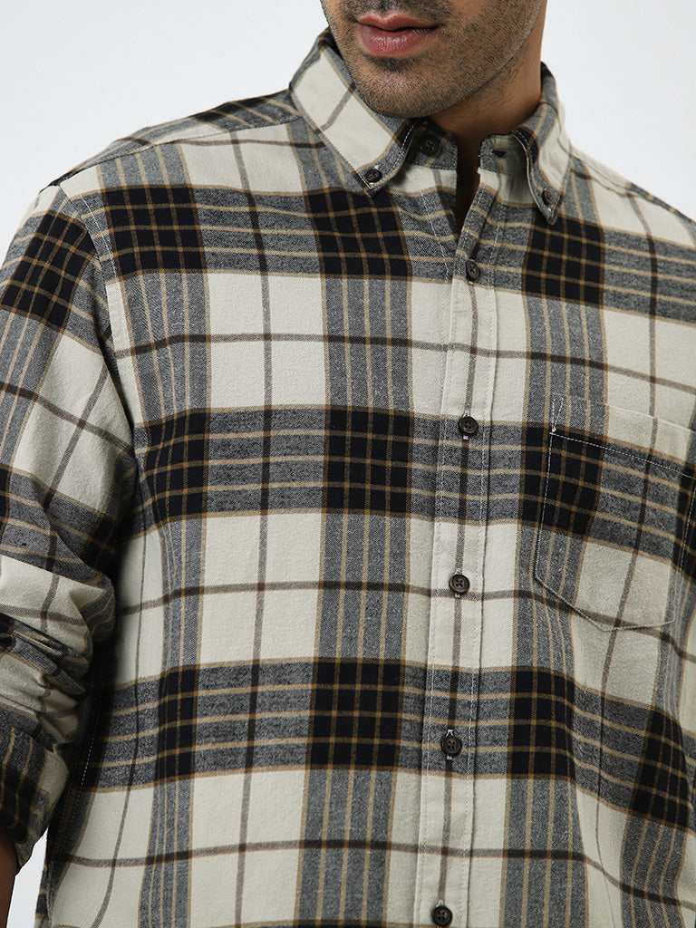 WES Casuals Beige Checkered Relaxed-Fit Cotton Shirt