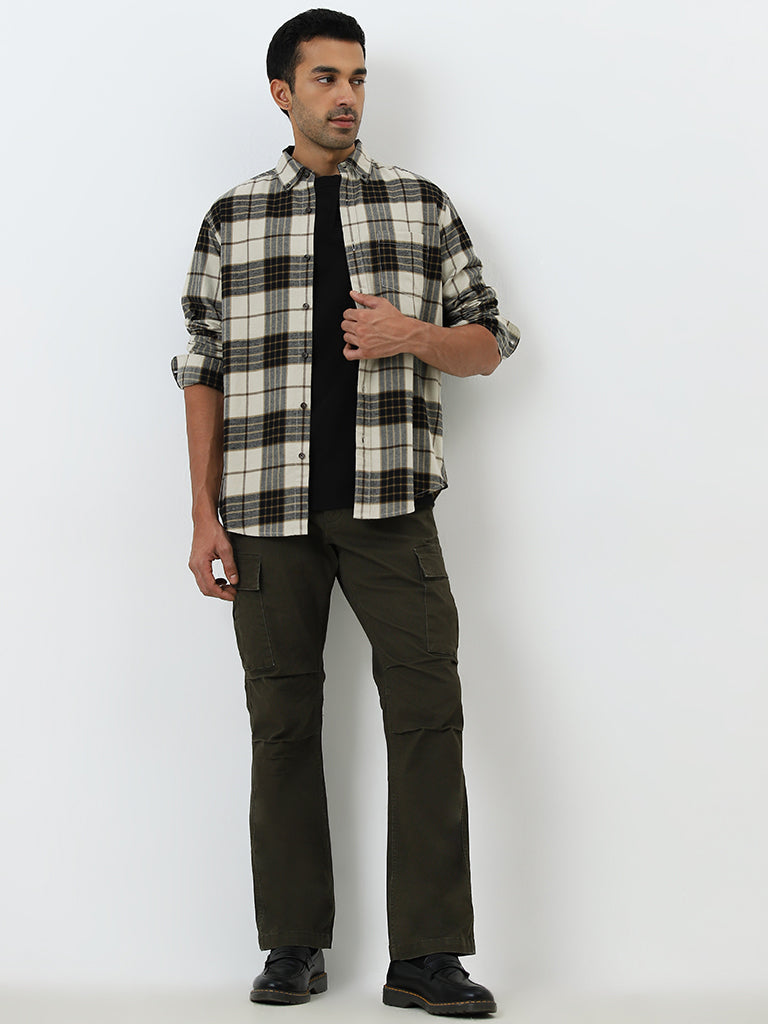 WES Casuals Beige Checkered Relaxed-Fit Cotton Shirt