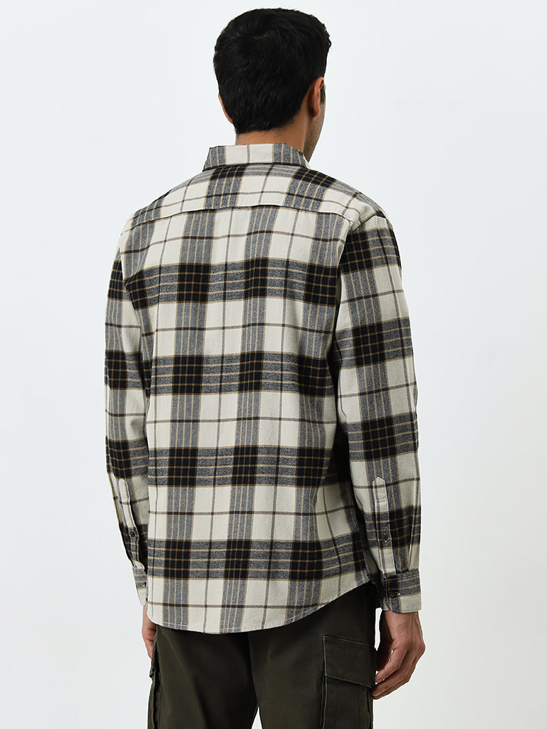 WES Casuals Beige Checkered Relaxed-Fit Cotton Shirt