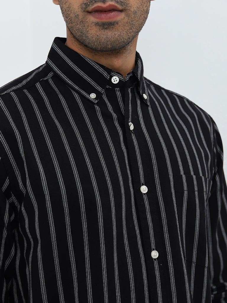 WES Casuals Black Striped Relaxed-Fit Cotton Shirt