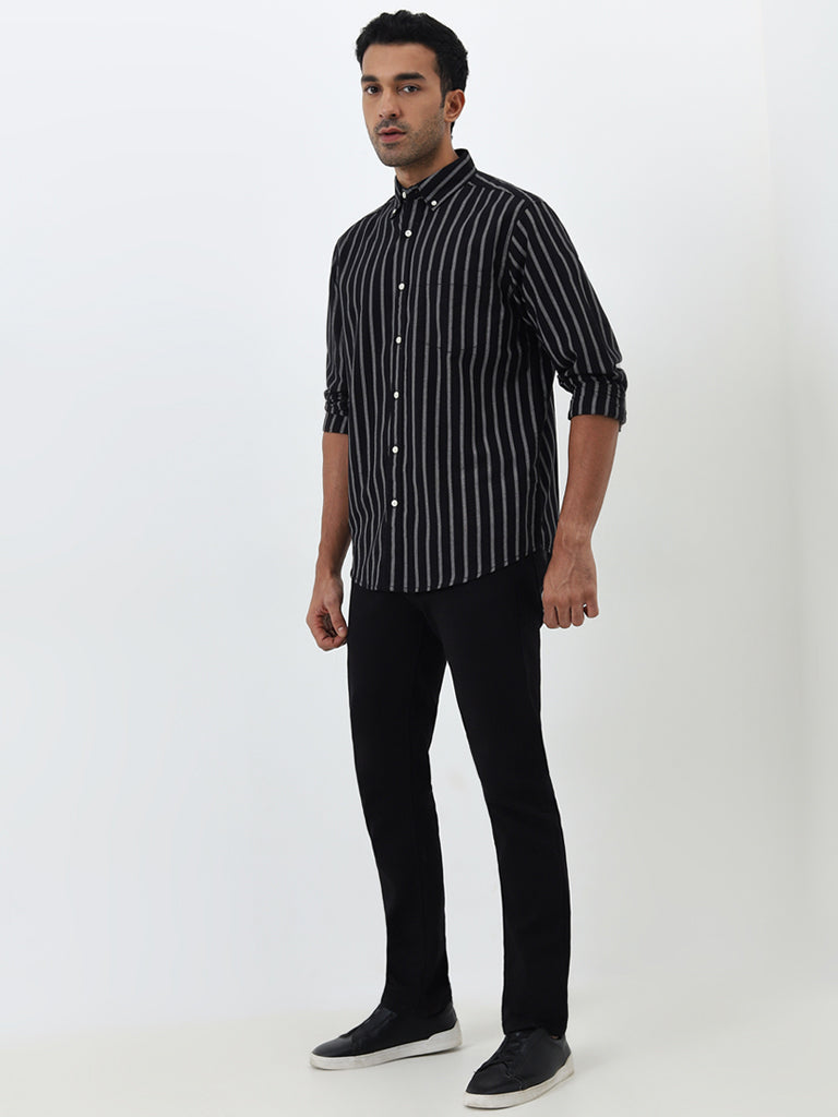 WES Casuals Black Striped Relaxed-Fit Cotton Shirt