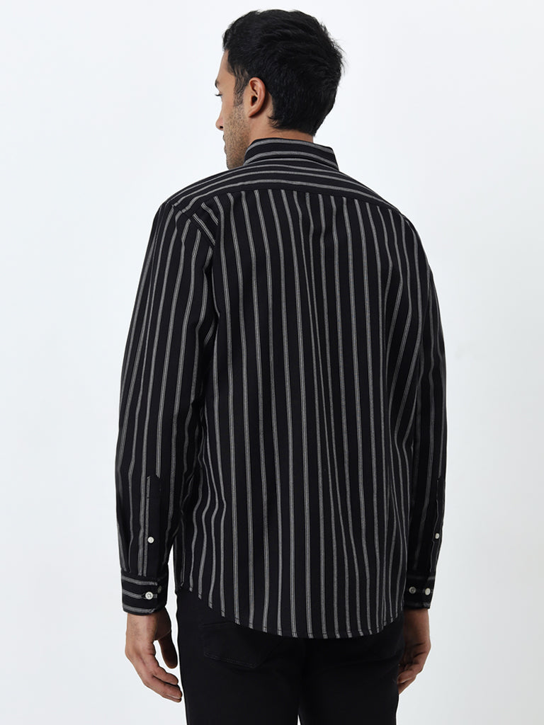 WES Casuals Black Striped Relaxed-Fit Cotton Shirt