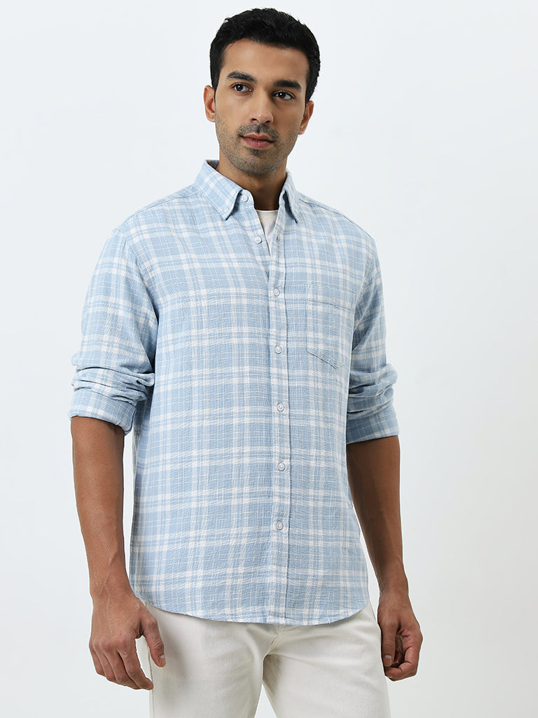 WES Casuals Light Blue Checkered Relaxed-Fit Cotton Shirt