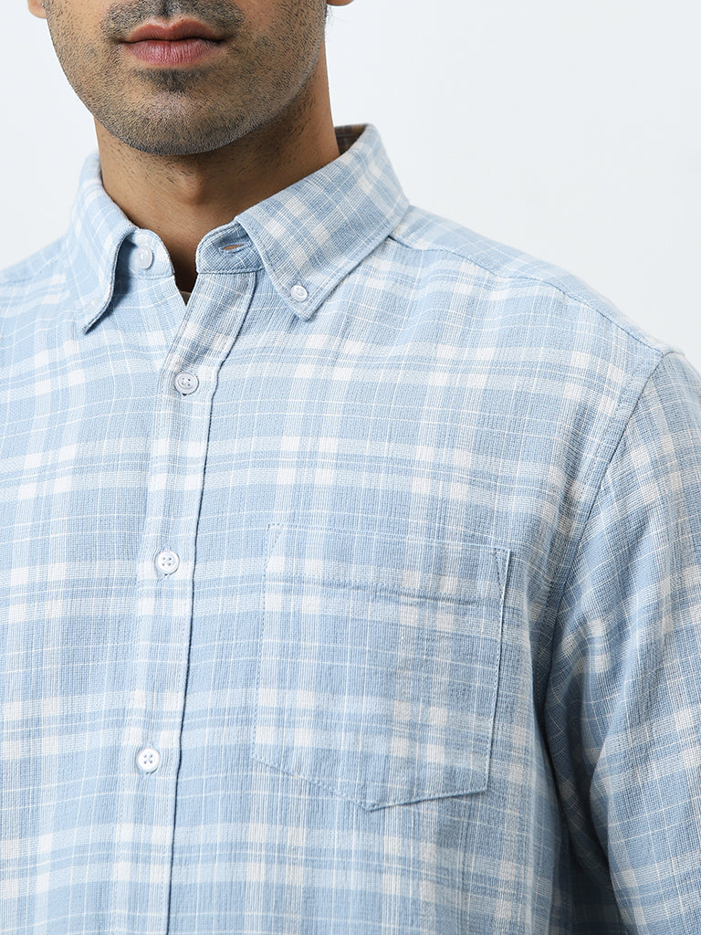 WES Casuals Light Blue Checkered Relaxed-Fit Cotton Shirt