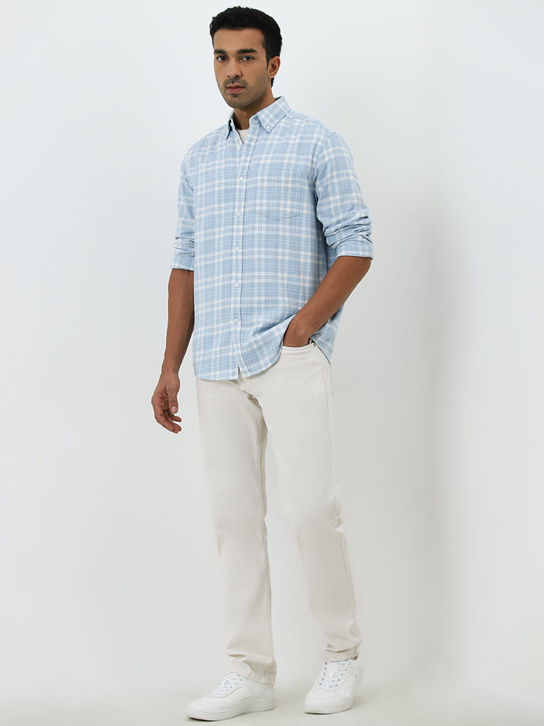 WES Casuals Light Blue Checkered Relaxed-Fit Cotton Shirt