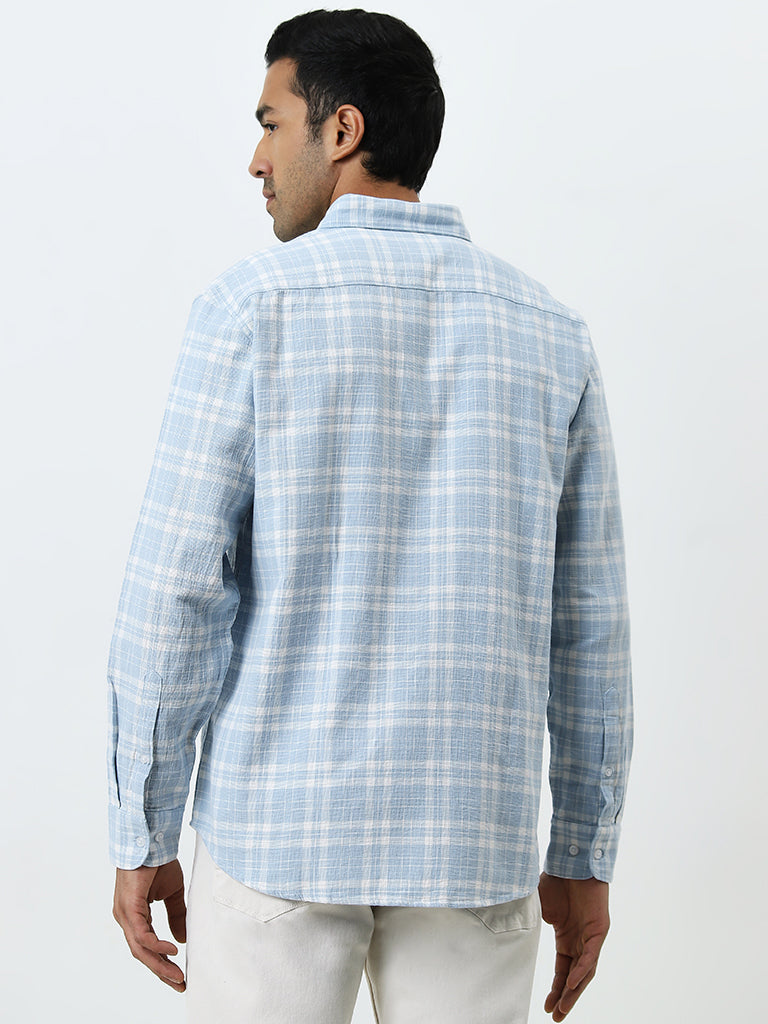 WES Casuals Light Blue Checkered Relaxed-Fit Cotton Shirt