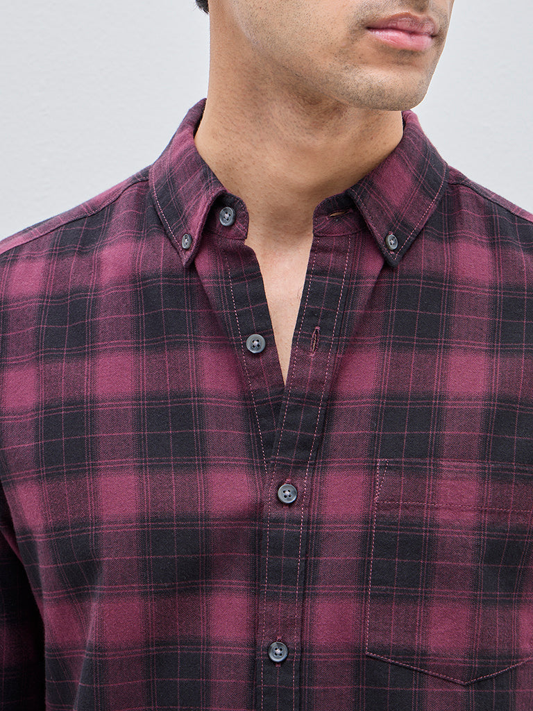 WES Casuals Wine Checks Design Slim-Fit Cotton Shirt