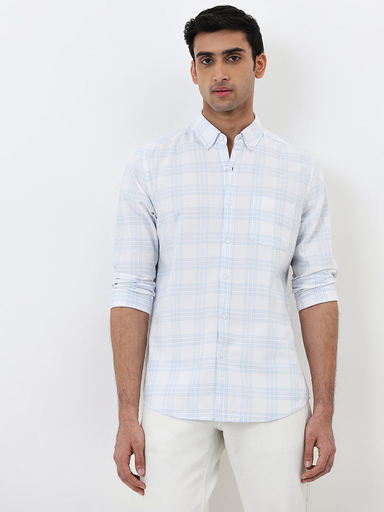 WES Casuals Light Blue Checkered Slim-Fit Cotton Shirt