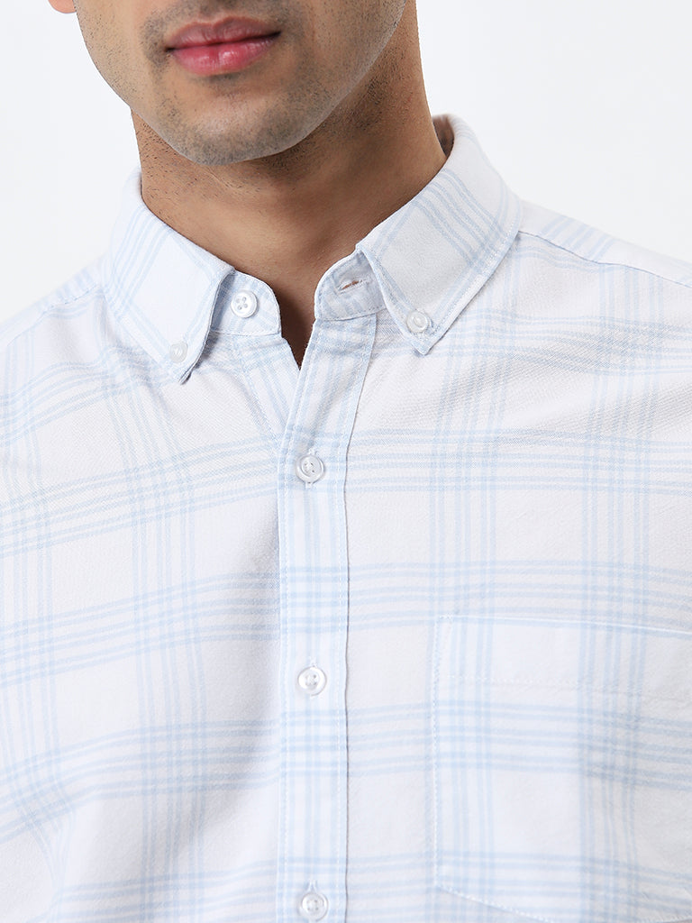 WES Casuals Light Blue Checkered Slim-Fit Cotton Shirt