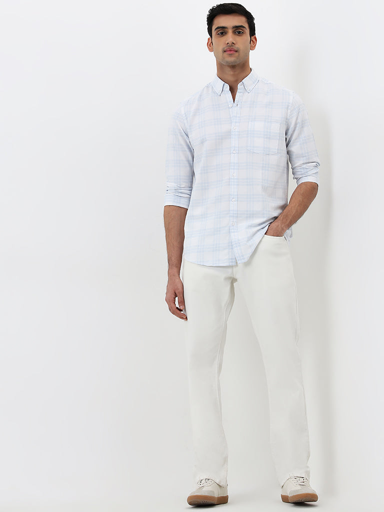 WES Casuals Light Blue Checkered Slim-Fit Cotton Shirt