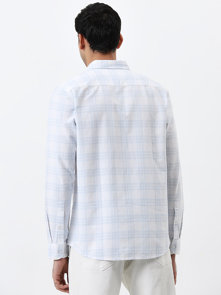 WES Casuals Light Blue Checkered Slim-Fit Cotton Shirt