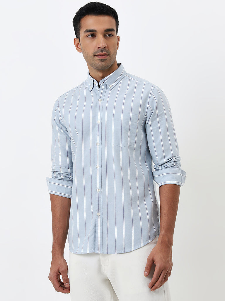 WES Casuals Light Blue Stripe Printed Slim Fit Cotton Shirt