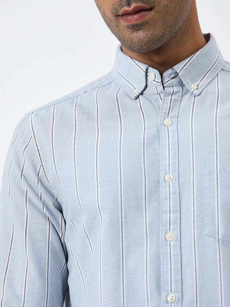 WES Casuals Light Blue Stripe Printed Slim Fit Cotton Shirt