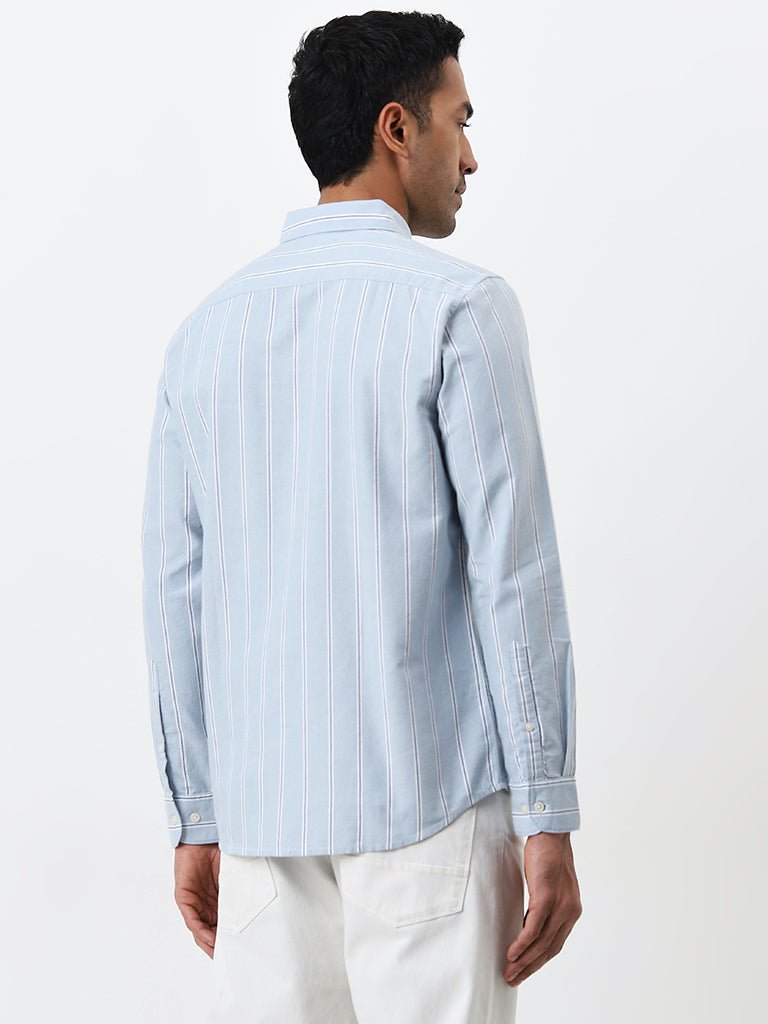 WES Casuals Light Blue Stripe Printed Slim Fit Cotton Shirt