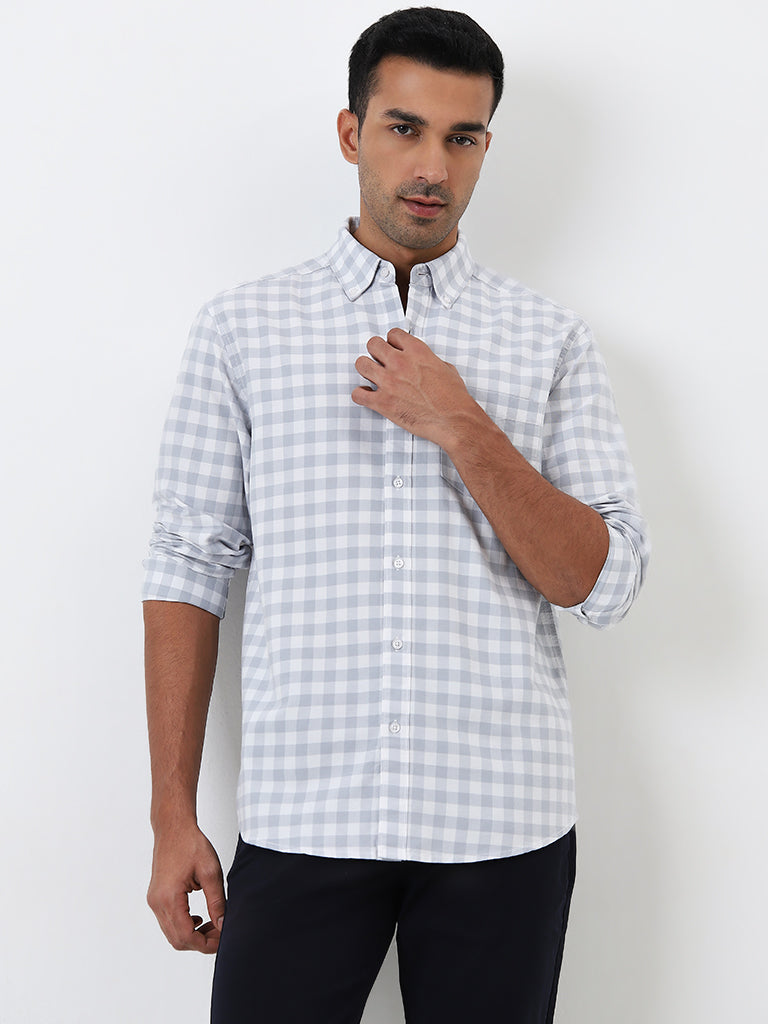 WES Casuals Light Grey Checkered Relaxed-Fit Cotton Shirt