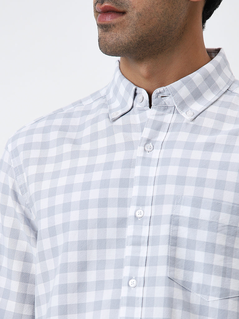 WES Casuals Light Grey Checkered Relaxed-Fit Cotton Shirt