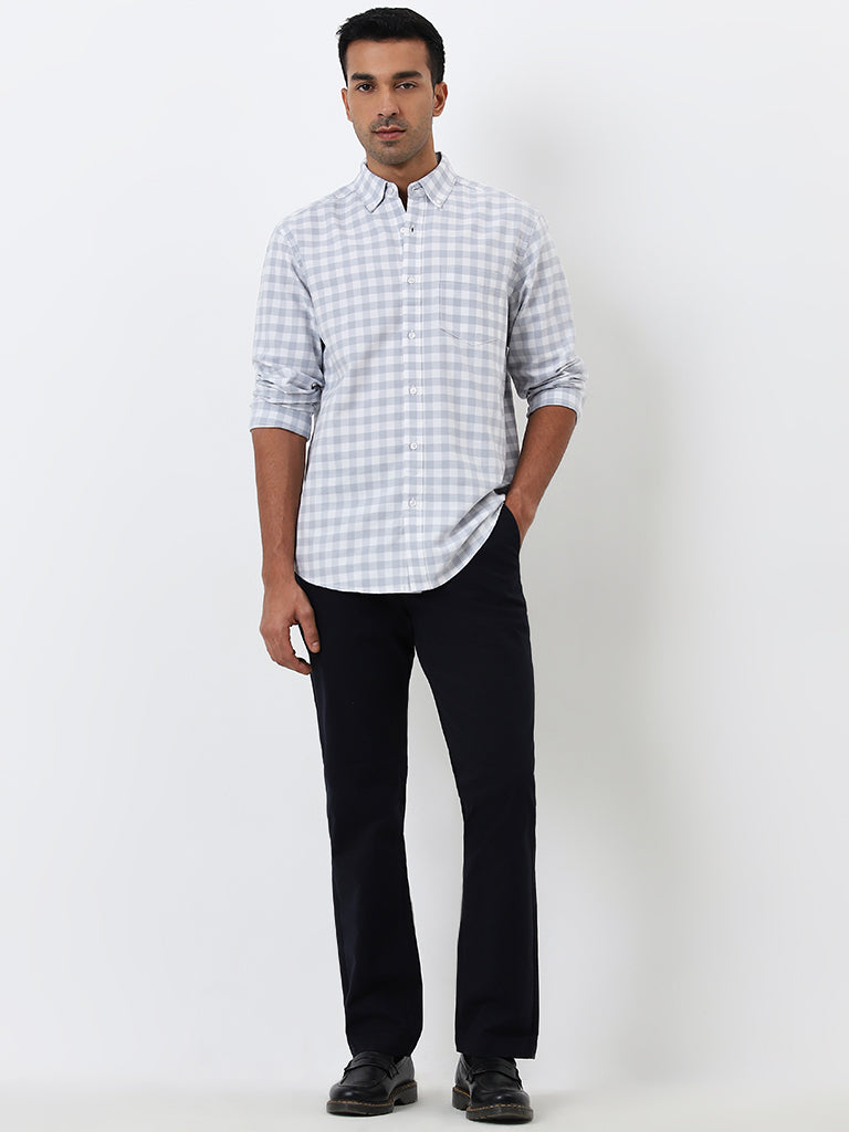 WES Casuals Light Grey Checkered Relaxed-Fit Cotton Shirt