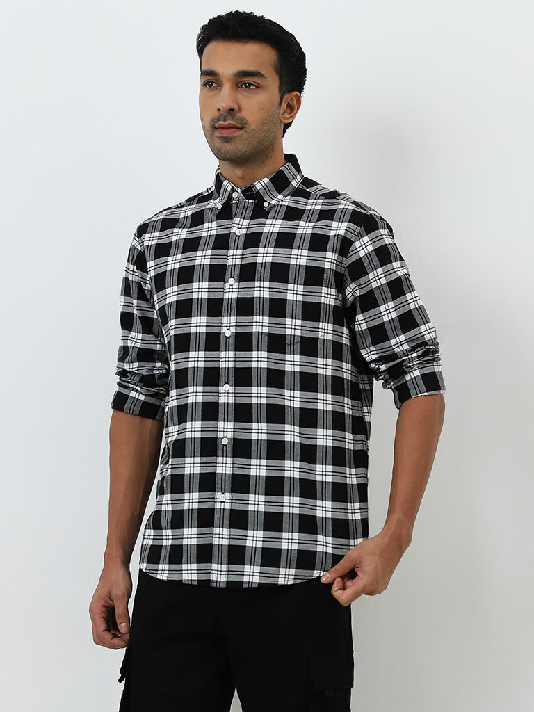 WES Casuals Black Checkered Relaxed-Fit Cotton Shirt