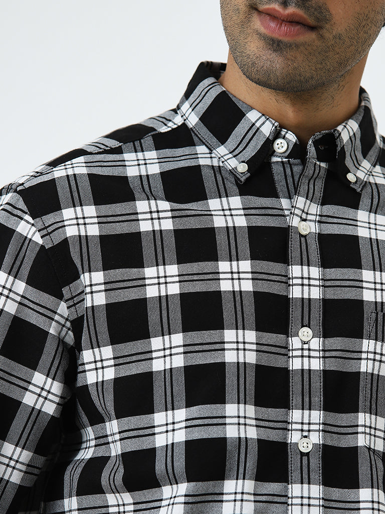 WES Casuals Black Checkered Relaxed-Fit Cotton Shirt