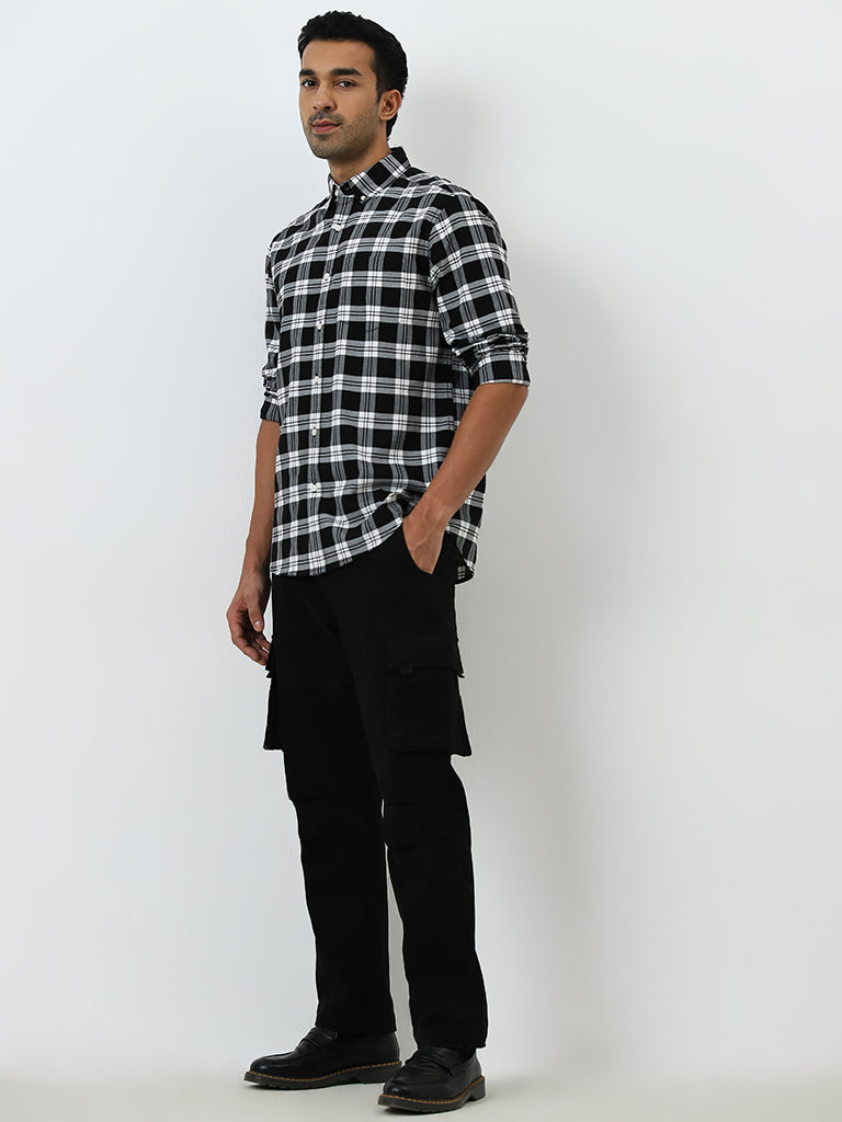 WES Casuals Black Checkered Relaxed-Fit Cotton Shirt