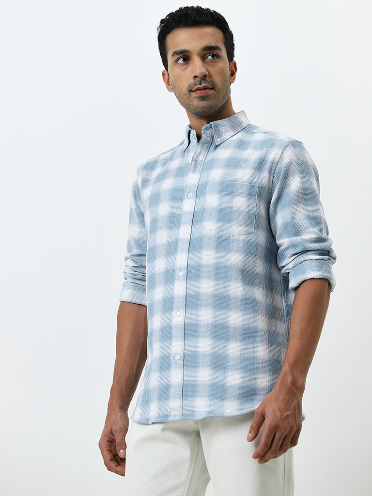 WES Casuals Light Blue Checkered Relaxed-Fit Shirt