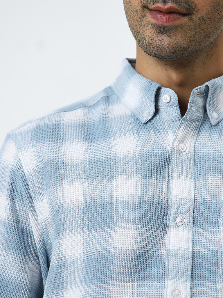 WES Casuals Light Blue Checkered Relaxed-Fit Shirt