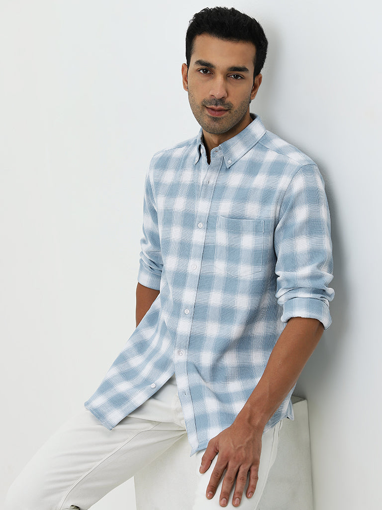 WES Casuals Light Blue Checkered Relaxed-Fit Shirt