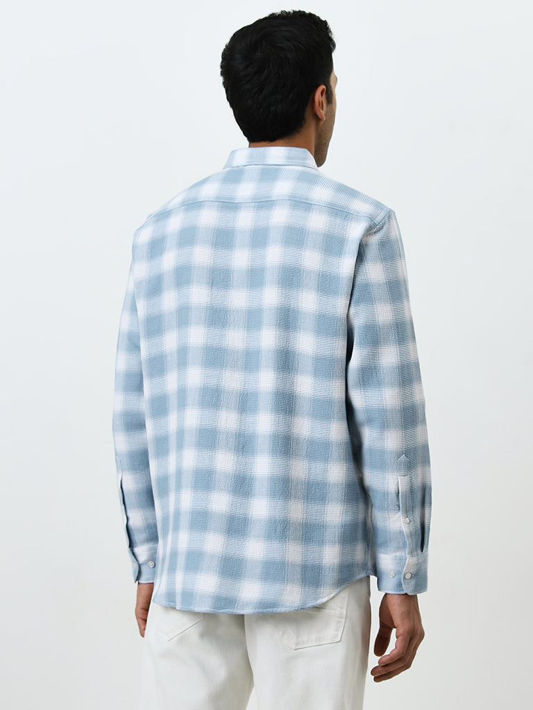 WES Casuals Light Blue Checkered Relaxed-Fit Shirt