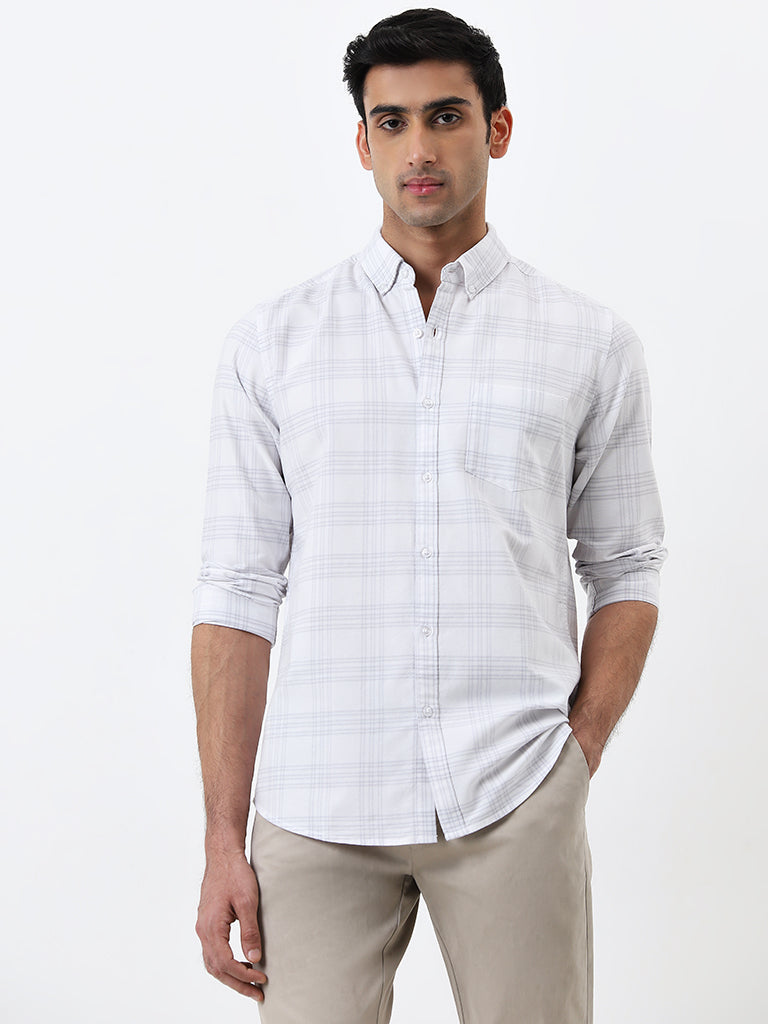 WES Casuals Grey Checkered Slim-Fit Cotton Shirt