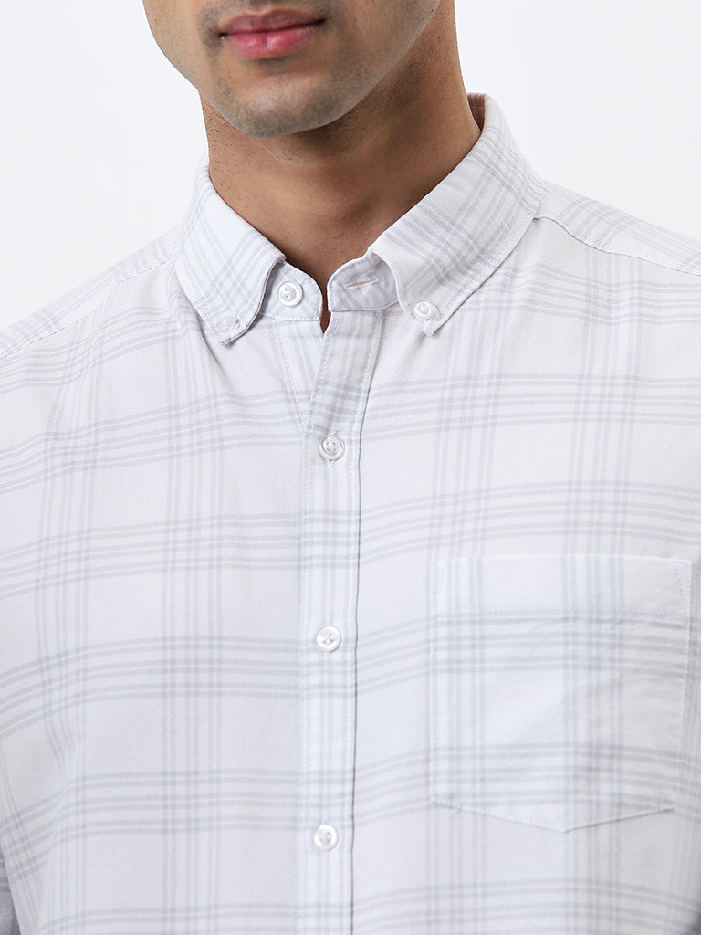 WES Casuals Grey Checkered Slim-Fit Cotton Shirt