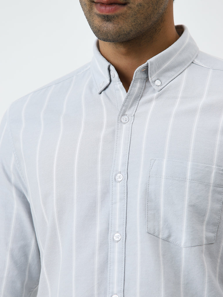 WES Casuals Grey Striped Slim-Fit Cotton Shirt