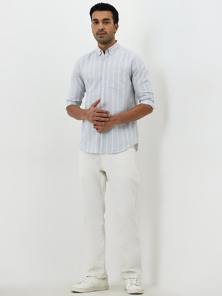 WES Casuals Grey Striped Slim-Fit Cotton Shirt