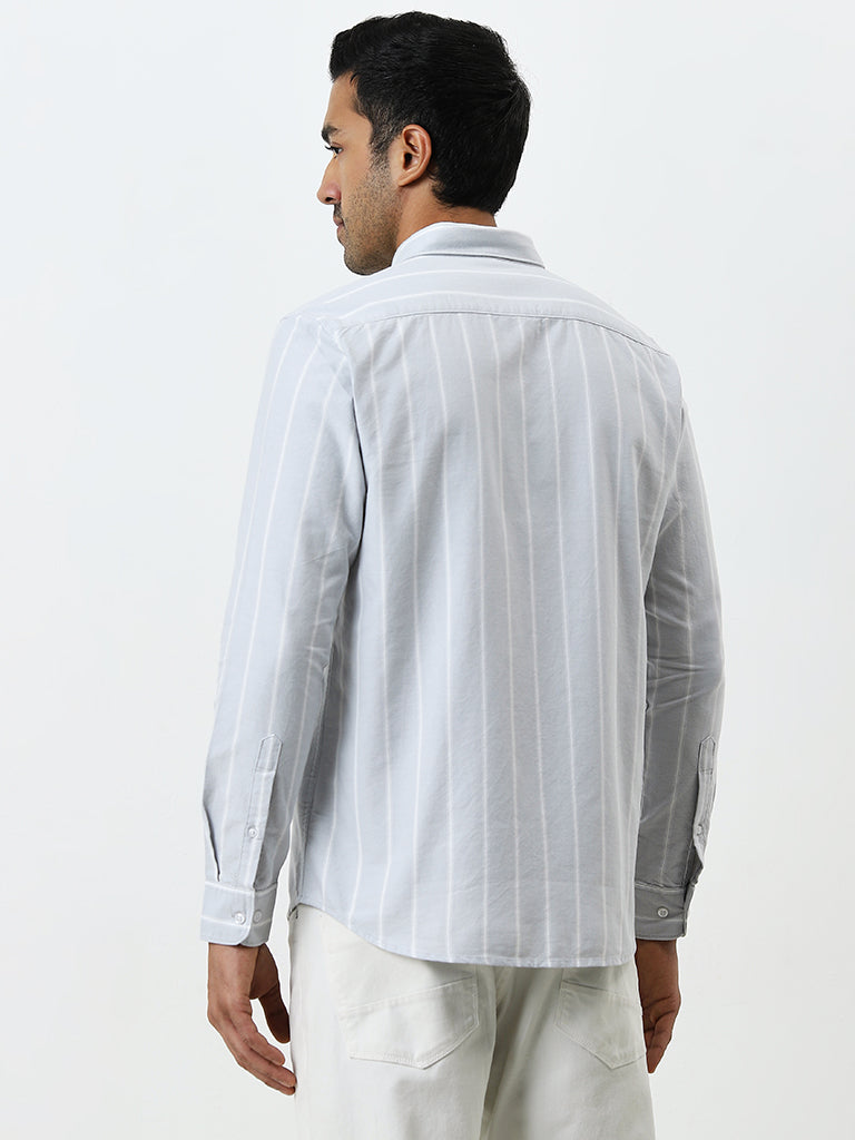 WES Casuals Grey Striped Slim-Fit Cotton Shirt