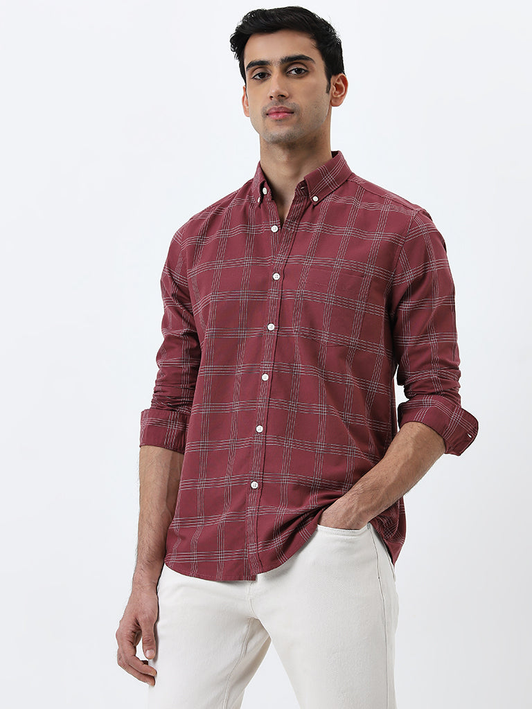 WES Casuals Red Checkered Slim-Fit Cotton Shirt