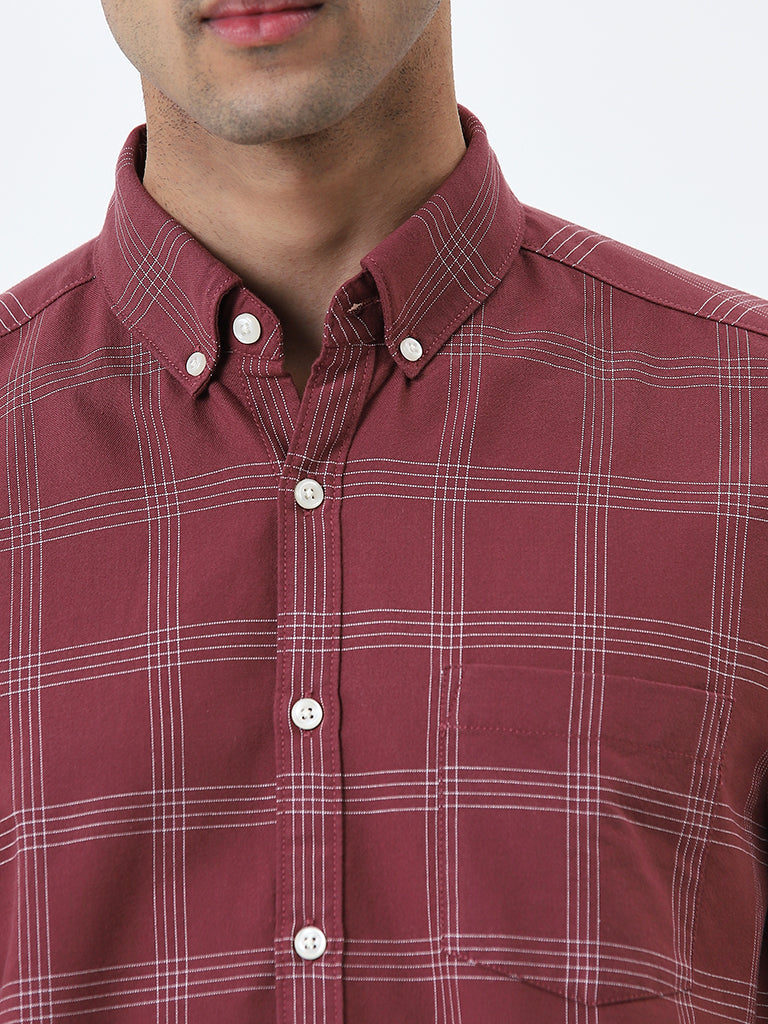 WES Casuals Red Checkered Slim-Fit Cotton Shirt