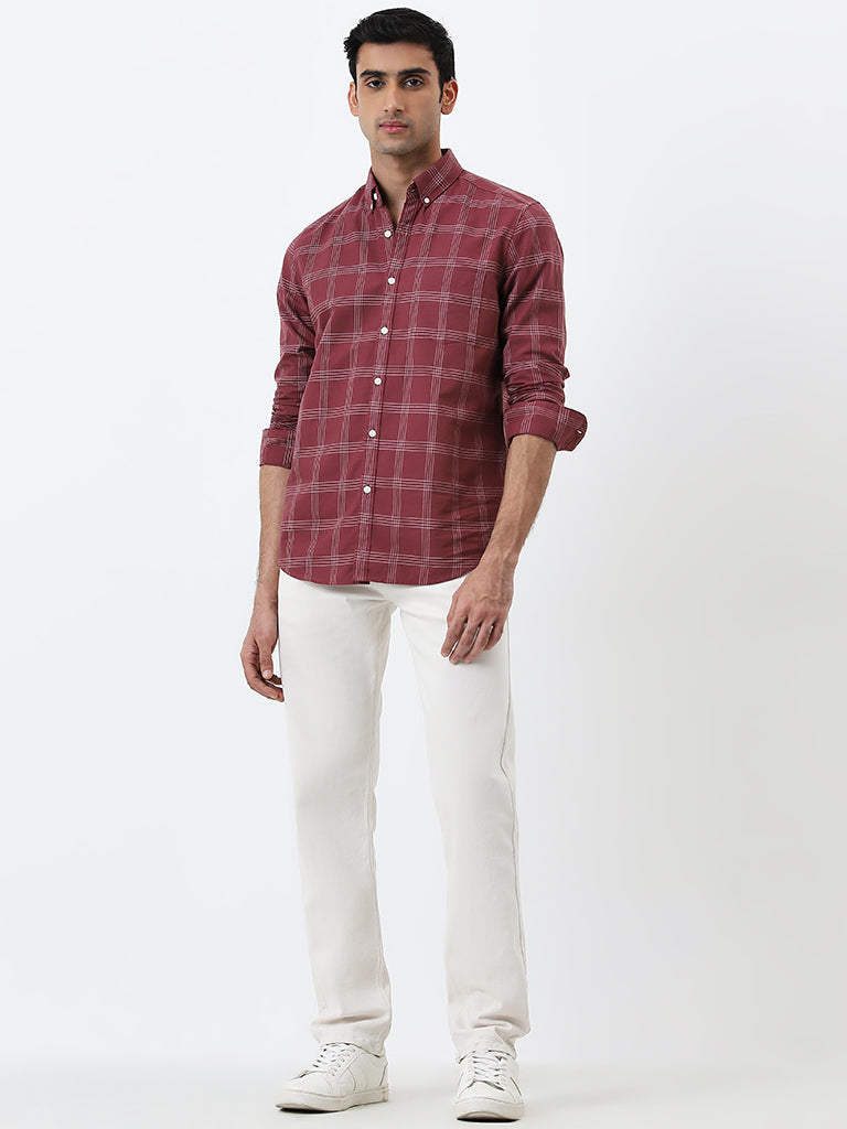 WES Casuals Red Checkered Slim-Fit Cotton Shirt