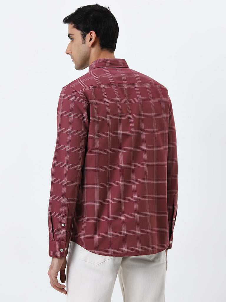 WES Casuals Red Checkered Slim-Fit Cotton Shirt