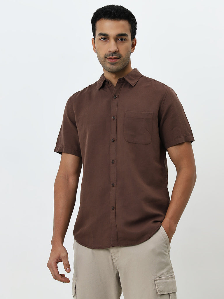 WES Casuals Brown Slim-Fit Shirt