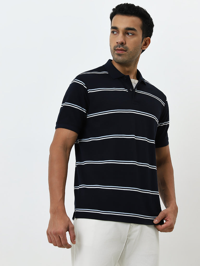 WES Casuals Navy Striped Relaxed-Fit Polo T-Shirt