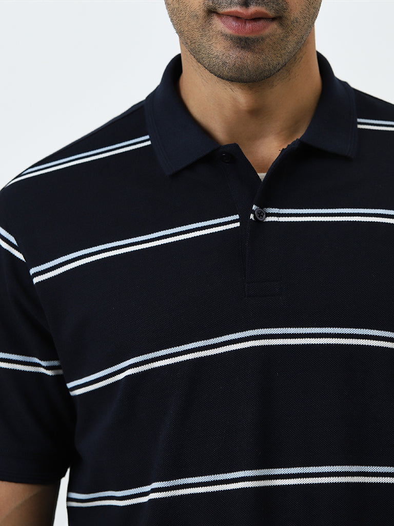 WES Casuals Navy Striped Relaxed-Fit Polo T-Shirt