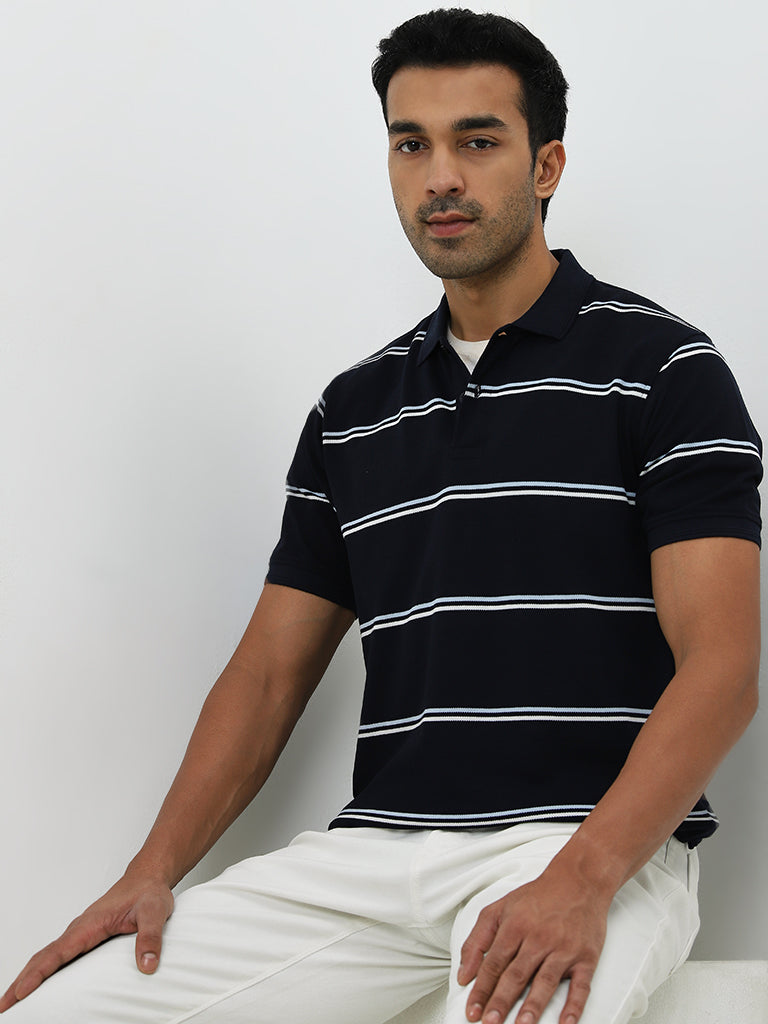 WES Casuals Navy Striped Relaxed-Fit Polo T-Shirt