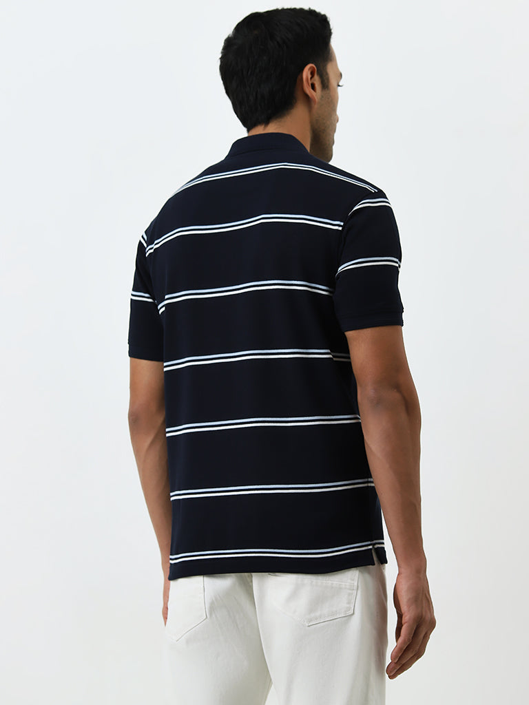 WES Casuals Navy Striped Relaxed-Fit Polo T-Shirt