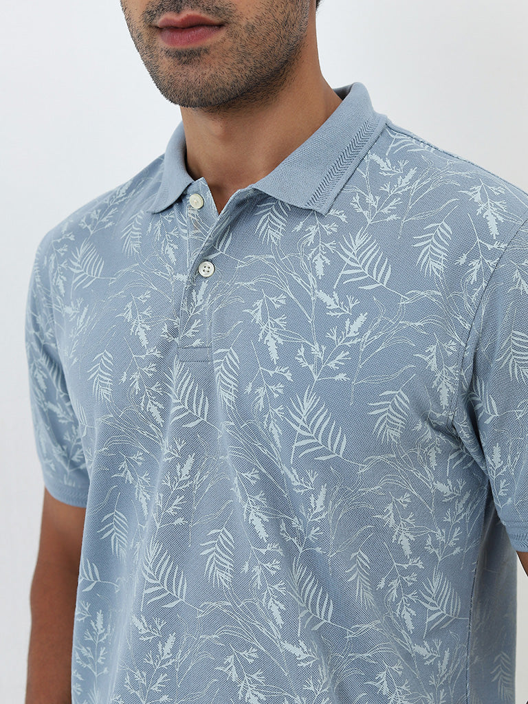 WES Casuals Dusty Blue Leaf Design Relaxed-Fit Cotton-Blend Polo T-Shirt