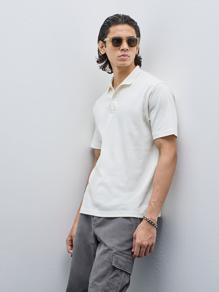 WES Casuals Off-White Self Relaxed-Fit Cotton Polo T-Shirt