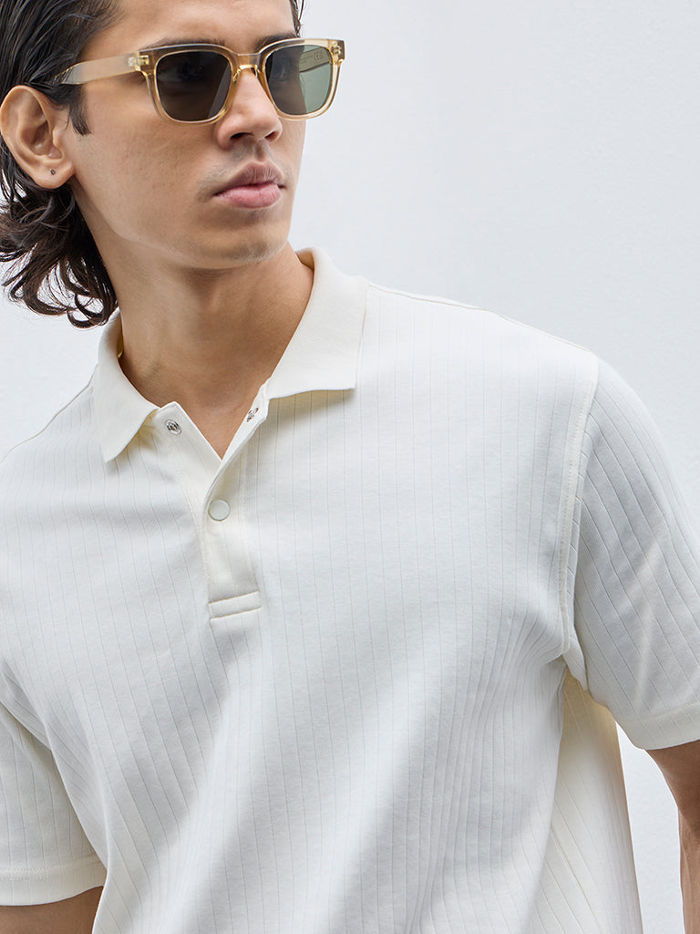 WES Casuals Off-White Self Relaxed-Fit Cotton Polo T-Shirt